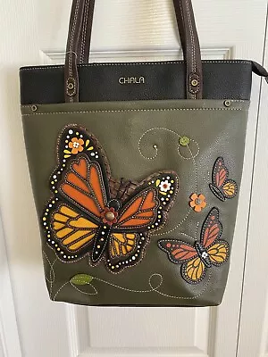 New!  Chala Monarch Butterfly Deluxe Everyday Tote - Front Bfly A Pocket - Olive • $64