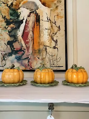 Fitz & Floyd Ceramic Pumpkin Tureens W/lettuce Plates (3) • $75