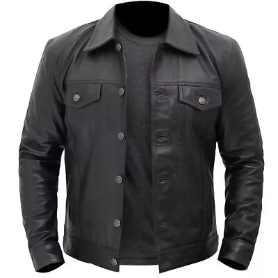 Men's TRUCKER Black Western Style Denim Leather Jacket Sheepskin Leather Shirt • $33.99