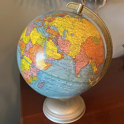 Vintage 10.5  Cram Scholastic World Globe Bright Colored Metal Stand 1960s • $25