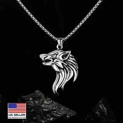 MEN Stainless Steel Vintage Viking Lucky Wolf Head Pendant Necklace 24  1082  • $6.99