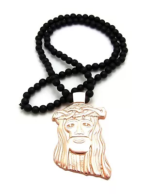 Hip Hop Rose Gold Plated Jesus Pendant & 8mm 30  Wooden Bead Chain Necklace • $18.99