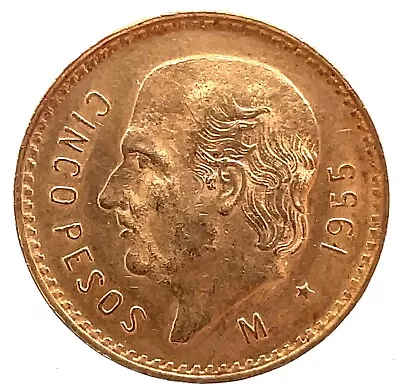 1955 Mexico Gold 5 Peso UNCIRCULATED Miguel Hidalgo Cinco Pesos  KM # 464 C#5 • $389.95