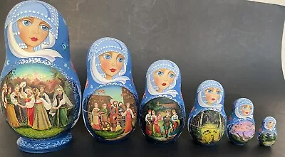 7 Russian Matryoshka Nest Dolls Hand Paint Turquoise Jewel 7 DIFFERENT Tales 8  • $145