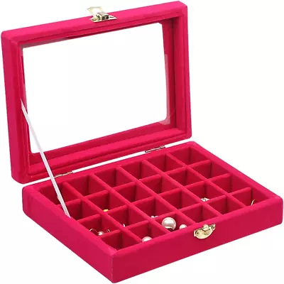 24 Grids Velvet Glass Jewelry Ring Display Organizer Box Tray Holder Earrings St • $13.99