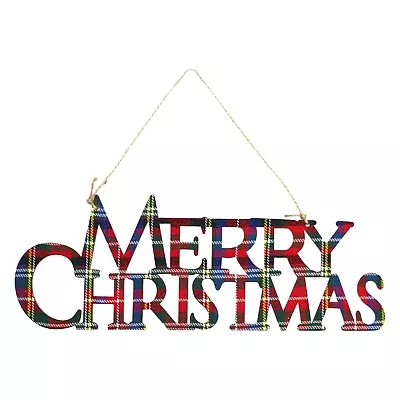 Multicolour Tartan 'Merry Christmas' Wooden Hanging Sign / Plaque Decoration • £5.49