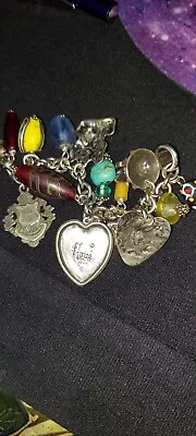 Vintg. T. Foree Sterling Silver Heart & Tag Charms 16 Charm Bracelet Fish 74.5Gr • $179.99