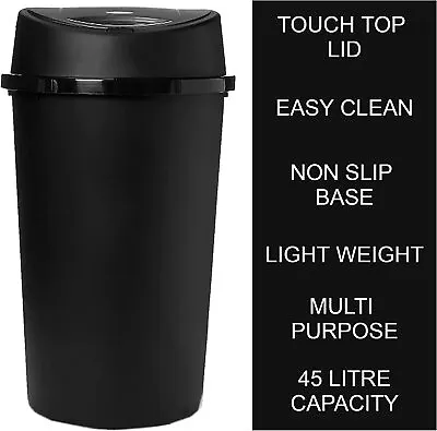 45l All Black Touch Top Bin / Dustbin / Rubbish Bin / Kitchen / Home / Plastic. • £13.95