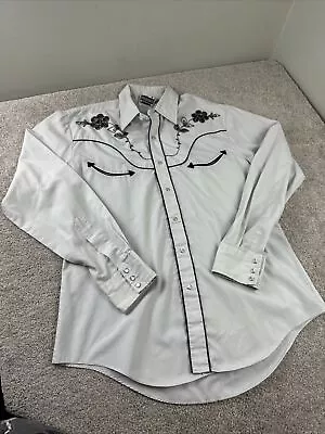 Vintage Saturdays Western Wear Shirt Pearl Snap Gray Western Embroidered Large • $34.95