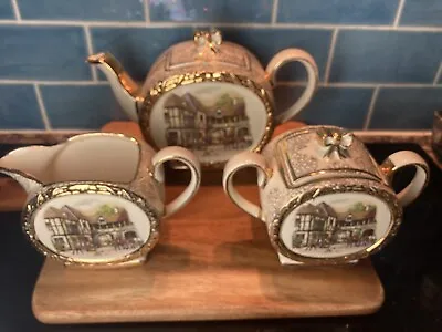 Vintage SADLER 40's ‘Stirrup Cup’ British Barrel Teapot Set Milk Jug Sugar Bowl • £69.99