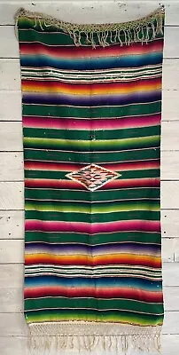 Vintage Mexican Striped Saltillo Blanket/Rug Fringed Pink Green Purple • $49.99