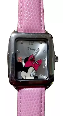 Disney Minnie Mouse Watch By Accutime Pink Leather Band Silver Case Mn1002 New • $29.99