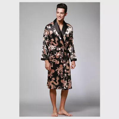 Men's Premium Satin Robe Shawl Kimono Chinese Loong Print Sleepwear Bathrobe • $26.99