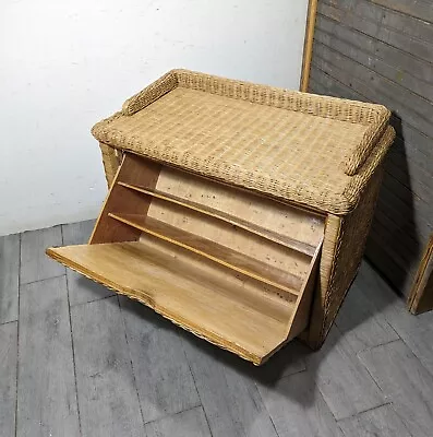 Vintage Boho Chic Coastal Wicker Rattan Drop Front Record Storage Cabinet Table • $315