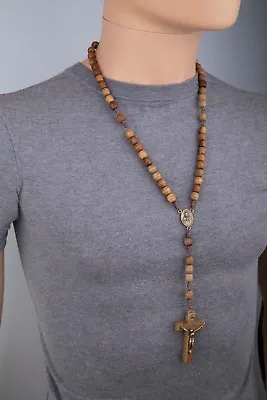 Rosary Necklace For Men Wooden Brown Carved Beads Strong Cord Rope Catholic • $17