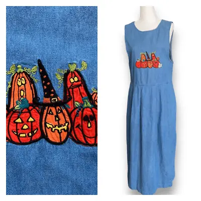 Vintage Karen Scott Dress Denim Jumper Halloween Pumpkin Embroidery Sleeveless • $49.99