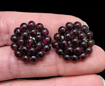 Vintage Garnet Bead Cluster Round Post Back Pierced Earrings • $25