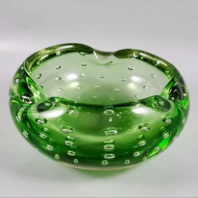 Vintage Mid Century Murano Style Green Bullicante Art Glass Ashtray Bowl • $24