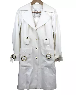 Milly New York Ivory Trench Coat Designer Gold Buttons Buckle Details Size 2 • $55