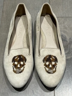$75 • Buy Authentic Alexander McQueen Skull Sequin  Suede Slipper Flats Loafers Size 37