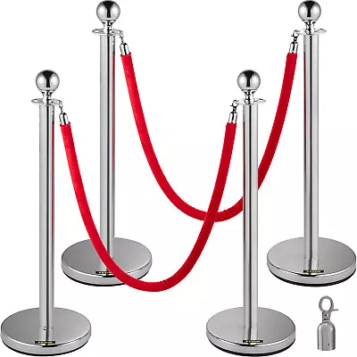 4PCS Stanchion Posts Queue Barrier Crowd Control Silver With Red Velvet Ropes • $84.99