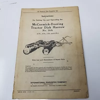 McCormick Deering Tractor Disk Harrow 10A Instructions 1939 Repair Parts • $19.95