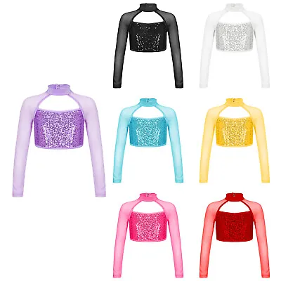 UK Girls Shiny Sequins Crop Tops Mesh Long Sleeve T-Shirts Jazz Dance Costumes • £3.32