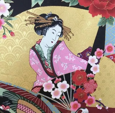 Geisha Fabric Japanese Ladies Metallic Fans Gold Floral Oriental Cotton 1 Meter • £15.99