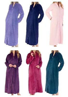 Slenderella Ladies Long Dressing Gown Soft Zig Zag Fleece Zip Up Housecoat Robe • £41.65