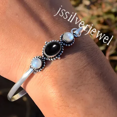 Rainbow Moonstone & Black Onyx Gemstone 925 Sterling Silver Handmade Bracelet/22 • $21.01