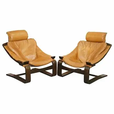 Pair Of Mid Century Ake Fribytter Cognac Leather Nelo Mobel Sewdish Armchairs • £1750