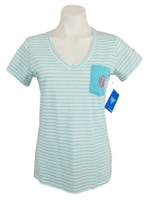 Columbia V-Neck PFG Monogram Pocket T-Shirt Womens Size M Blue/White Stripe NWT • $16.93