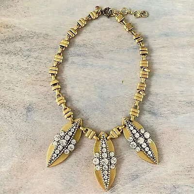 J. Crew Gold Tone Statement Necklace Modern Art Deco Chunky Rhinestone Elegant • $38