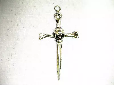 Skull Head Sword Dagger Cross Huge Heavy XL Piece Pewter Pendant Adjust Necklace • $11.99