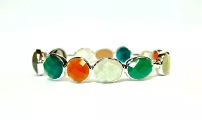Sterling Silver Multi-gemstone Bangle Bracelet Moonstone Green Onyx  Quartz  • $147.20