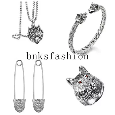 Wolf Head Stainless Pendant Necklace Bracelet Earrings Ring For Mens Jewelry Set • $10.99