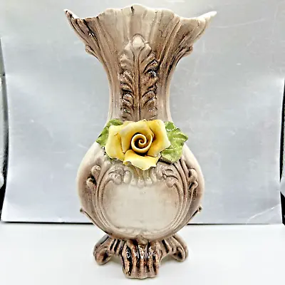 Vintage Capodimonte Ceramic Vase 10  White Brown W Yellow Rose Made In Italy • £31.36