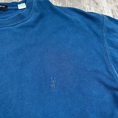 Vintage YSL Yves Saint Laurent Embroidered Logo T Shirt Large Blue Cotton 90s • $32.88