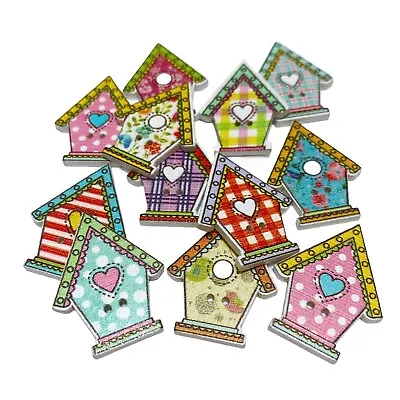 30 Wooden Mixed Bird House Buttons Craft Sew Cards **Buy Any 3 Get 3 FREE** • £3.79