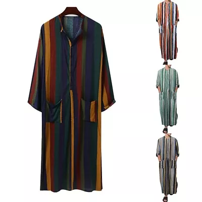 Mens Muslim Abaya Saudi Arab Thobe Jubba Long Sleeve Kaftan Dress Islamic-Robes • $18.71