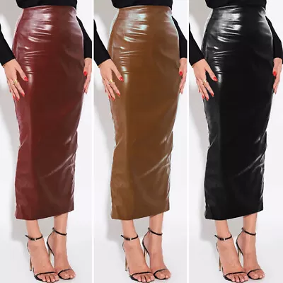 Winter WomensFaux Leather Wet Look Midi Skirts Bodycon Pencil Slim Skirt Dress • £16.14