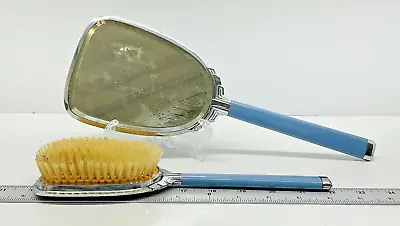 Vintage Blue And Silver Vanity Dresser Handheld Brush And Mirror Set Art Deco • $4