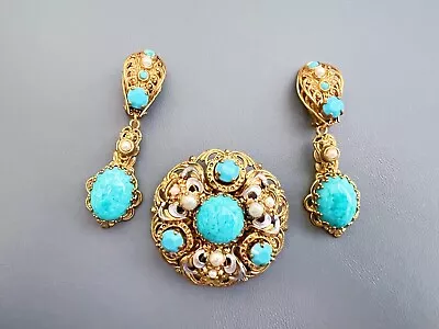 VTG Filigree Turquoise Peking Glass Faux Pearl West Germany Earrings Brooch Set • $52