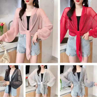 Women Shiny Mesh Bolero Cardigan Crop Tops Shrug Sheer Tie Up Open Front Cape • $12.98