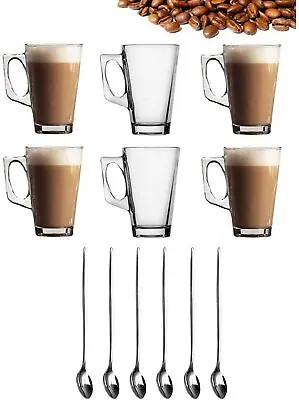 Set Of 6 Tall Latte Glasses Cafe Mugs 240ml With 6 Latte Spoons Gift Xmas • £11.95