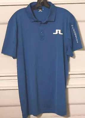 J Lindeberg Polo Shirt Mens XL Blue Short Sleeve Logo Stitched Spellout Golf • $34.95