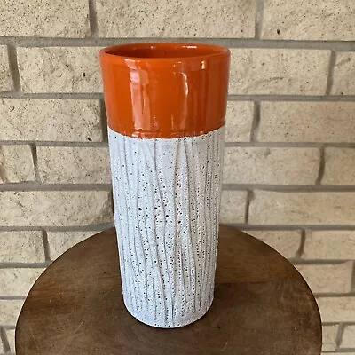 Vintage Mid Century Modern Orange & White Textured Tall Decorative Ceramic Vase • $12