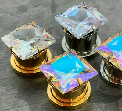 $17.95 • Buy PAIR Large Square CZ Gem Steel Screw Fit Tunnels Ear Plugs Gauges Earlets