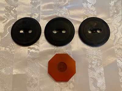 4 Large Vintage Antique Bakelite  Coat Buttons ~ 3 Matching Black 1 Orange • $9.75