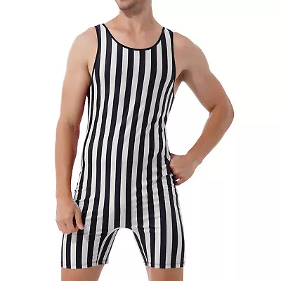 Mens Striped Wrestling Singlet Scoop Neck Athletic Bodysuit Sportswear Underwear • $14.89
